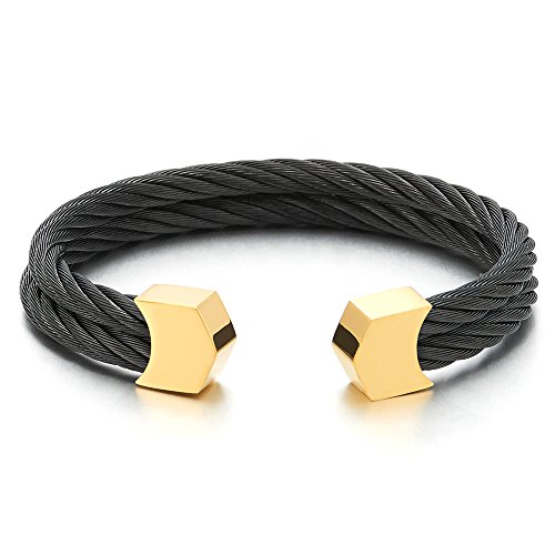 COOLSTEELANDBEYOND Mens Womens Steel Two Rows Twisted Cable Adjustable Cuff Bangle Bracelet Black Gold Two Tone