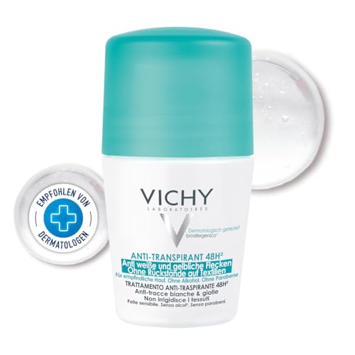 Vichy Anti-Transpirant 48h gegen Flecken, Deo-Roll-on für Frauen und Männer, Schweiß- und geruchshemmend, Keine Spuren auf der Kleidung, Mit Thermalwasser aus Vichy, Für empfindliche Haut, 50 ml