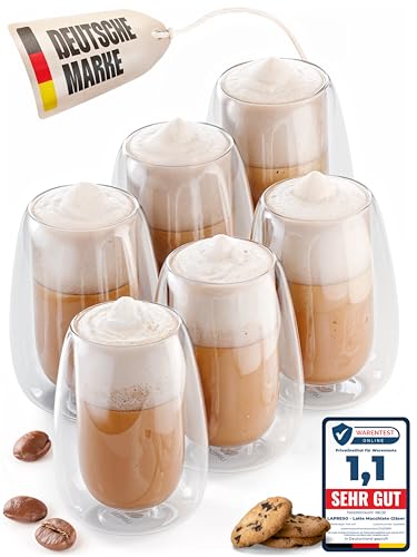 LAPRESO® Cappuccino Tassen doppelwandig 6er Set 250ml - Doppelwandige Cappuccino Gläser modernes Design Kaffeetassen Teegläser aus Borosilikatglas LAPRESO® Cappuccino Tassen doppelwandig 6er Set 250ml - Doppelwandige Cappuccino Gläser modernes Design Kaffeetassen Teegläser aus Borosilikatglas