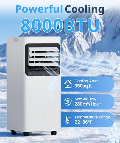 Image of 8000 BTU Portable Air Conditioner, 4-in-1 AC Unit Cools 350 Sq.Ft, Quiet Air Conditioner with Dehumidifier & Fan, LED Display, Remote, 24H Timer, Window Kit for Bedroom Office Dorm