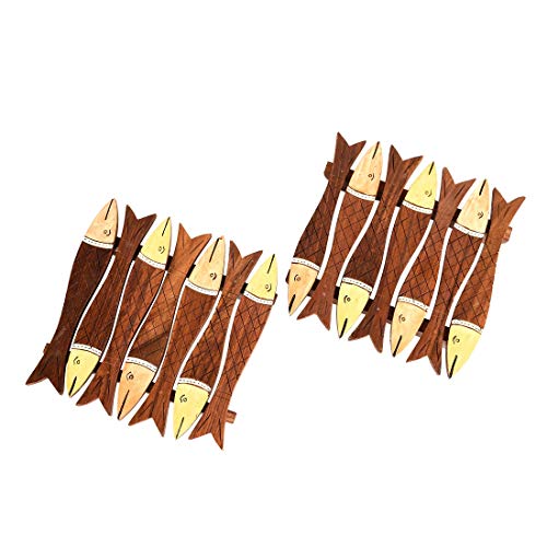 Image of AAKRITI ART CREATIONS Wooden Fish Shape Coaster Handcrafted Set of 2 | Madhubani Art | Natural Brown Wooden Coasters | Matte Finish Table Coasters | Dining Table & Home
