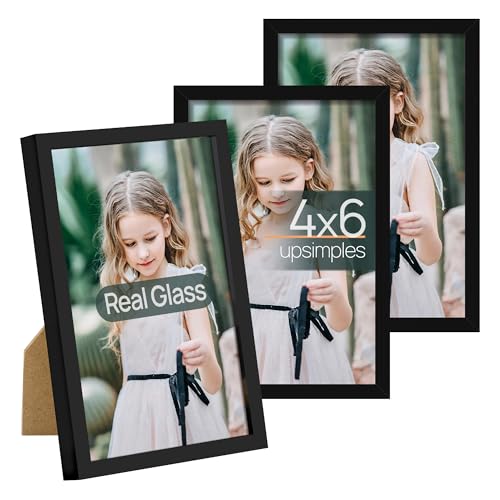 Image of upsimples 4x6 Picture Frame Glass, Thin Border, Black Photo Frames, 3 Pack | Small Picture Frames, Fit 4 x 6 Photos for Family, Baby, Wall and Tabletop Display, Home Decor for Mother's Day, Christmas