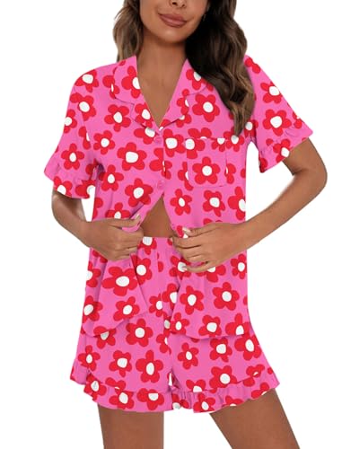 Image of SWOMOG Woman Pajama Set Short Sleeve Pjs Set 2Pcs Short Pajamas Button Down Ruffle Hem Sleepwear Soft Modal Loungewear