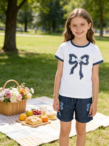 Image of Ayzozuy Kid Girl Clothes Shorts Set 2 Piece Outfits Summer Casual Short Sleeve Top and Shorts Set for Girls 4-7