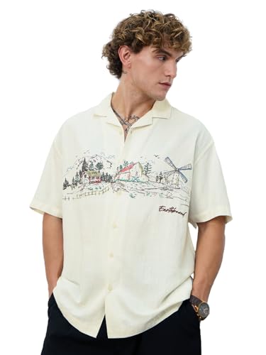 Image of The Souled Store Earthbound Hawaiian Shirt: Men and Boys Short Sleeves Collared Neck Embroidered Cotton Blend Oversized Casual Shirt