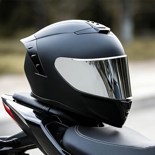 Image of Full Face Motorcycle Helmet,Helmets for Adults Motorcycle, MG611 Motorbike Racing Street Bike Helmets with Black Visor for Men Women,DOT Approved (Matte Black-Sliver+ Mask, S)