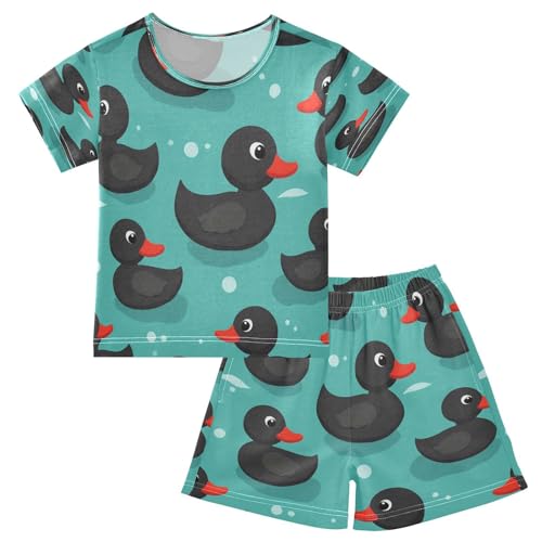 Pajama Sets Short Sleeve Black Ducks Swimming Pattern Soft Cotton Summer Sleepwear 2 Piece PJS Size 5-14T