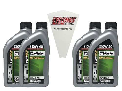 Cyclemax Four Pack compatible with Kawasaki KPO Full Synthetic 10W-40 Oil K61021-500-01Q Contains Four Quarts and a Funnel