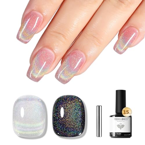 Image of modelones Cat Eye Rainbow Gel Nail Polish Silver Glitter Holographic Glass 9D Cat Eye Gel Polish with Magnet Stick Soak Off U V Nail Lamp Summer Nail Art Top Coat Manicure Salon DIY Home 15 ML