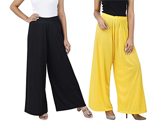 Image of Buy That Trendz M to 4XL Cotton Viscose Loose Fit Flared Wide Leg Palazzo Pants for Women Black Yellow Combo Pack of 2