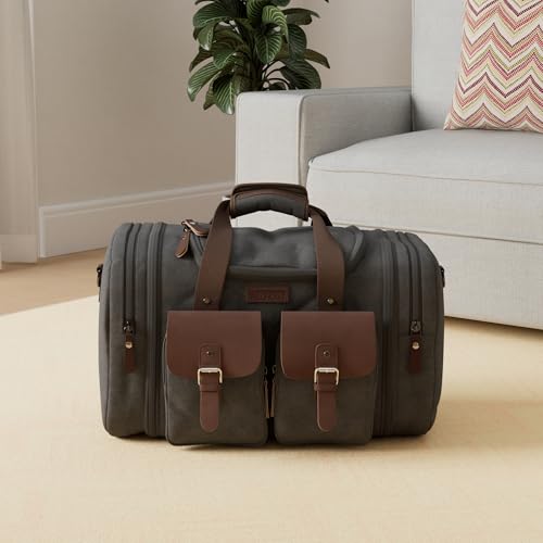 Image of Wildroad 60L Travel Duffel Bag, Expandable Canvas Genuine Leather Duffle Bag Upgraded Overnight Weekender Bag Carry on Bag