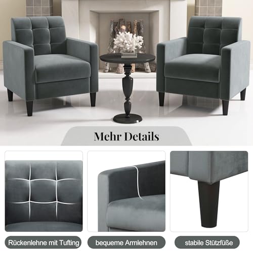 COSTWAY Relaxsessel modern, Fernsehsessel aus Samt im Mid-Century-Stil, gepolsterter Sessel mit getufteter Rückenlehne, Armlehnen & Holzbeine für Wohnzimmer Heimbüro Schlafzimmer (grau) – Bild 7