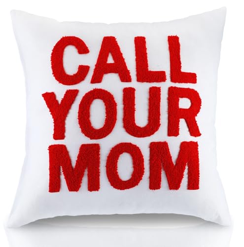 CrystalSylara Call Your Mom Pillow Cover 18 x 18 Inch Linen Punch Needle Embroidered Pillow Case Funny College Room Decor Dorm Essentials Decorative Cushion Mom to Son Gift for University Guys