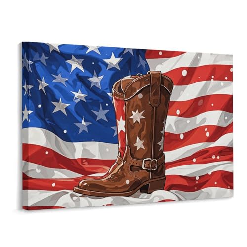 Toile carrée drapeau bottes de cowboy 40x30 cm : le cadeau de Noël idéal pour décorer le salon