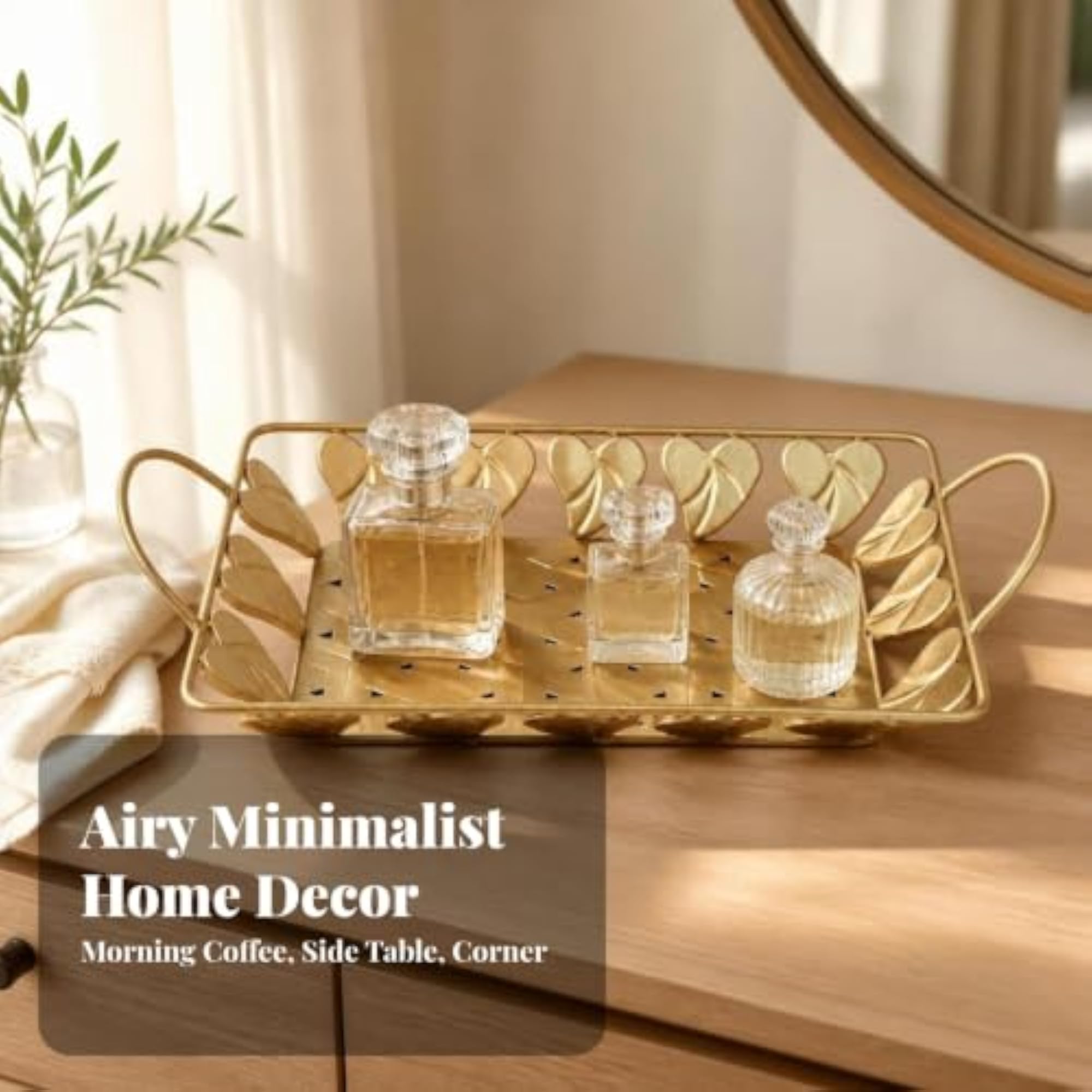 Rectangular Metal Tray with Handles, Decorative Gold Vanity Design