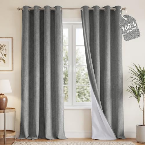 Image of NICETOWN 100% Blackout Linen Grey Curtains 96 inches Long, with White Liner Composite Grommet Thermal Drapes Relax Home Decor Window Treatments for Living Room, 2 Panels, W52 x L96