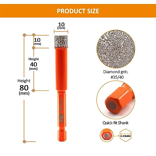 BGTEC Dry Diamond Drill Bits 2pcs 10mm with Quick Change Hex Shank for Granite Marble Porcelain Tile Ceramic 2 BGTEC Dry Diamond Drill Bits 2pcs 10mm with Quick Change Hex Shank for Granite Marble Porcelain Tile Ceramic - Image 2