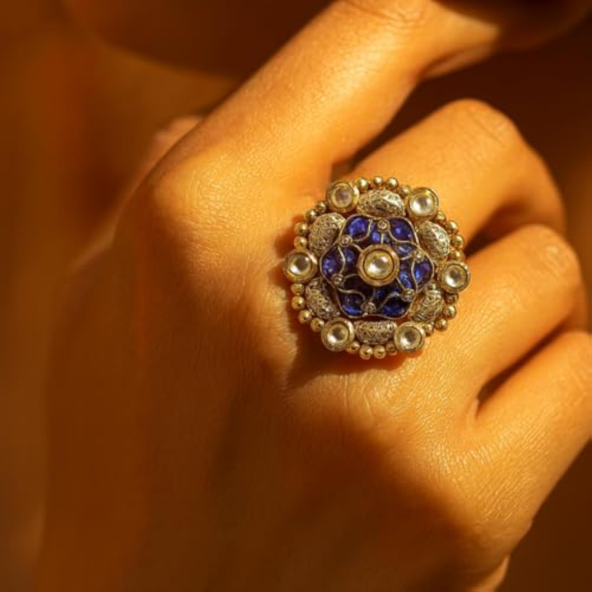Women's Gold-Plated Round Ruby & Green Floral Ring