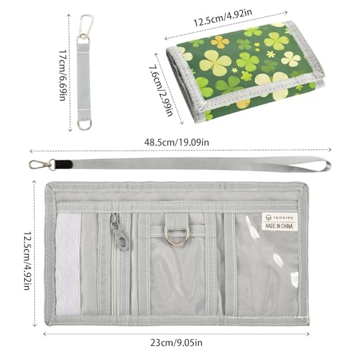 Green White Clover Durable Nylon Fabric Wallet for Boys and Girls - Multi-Functional with 2 Clear Pockets, Zipper Coin Compartment, 3 Card Slots & Keyring3