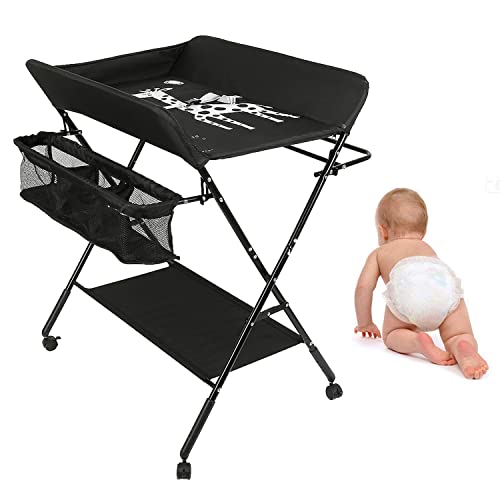 Drumm Table à Langer Pliable,Table à Langer et Portable,Table à Langer Mobile Avec 4 roues et harnais,Réglable en Hauteur avec Panier de Rangement,Noir-80 * 66 * 98cm