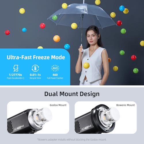 Image of Godox AD400 Pro II Outdoor Flash, 400Ws Monolight with 2.4GHz Wireless X System, Bi-Color 30W Modeling Lamp, TTL GN72 HSS 1 /8000s,0.01s~1s Recycle Time,1 /1 to 1 /512 10 Power Steps (AD400Pro Update)