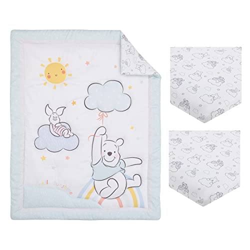 Image of Disney Winnie The Pooh Hello Sunshine White and Aqua Piglet, Rainbow, Clouds, and Sun 3 Piece Nursery Mini Crib Bedding Set - Comforter and Two Fitted Mini Crib Sheets