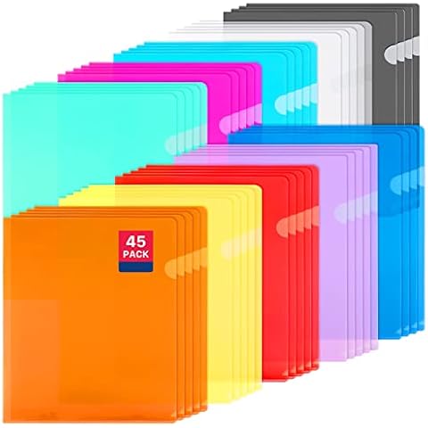 45PCS Clear Document Folders,Clear Colored Plastic Folders,10 Colors Plastic Project Pockets,A4 Letter Size Transparent File Folders,L-Type Plastic Sleeves for School Office Supplies,12.2" x 8.7" Cover