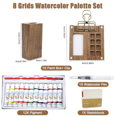 Mini Portable Watercolor Palette Set, zxbaers Watercolor Paint Set Travel Kit,Walnut Palette Box,Wooden Grid Paint Box，Watercolor Brush Pens with Binder Clips for Painters Artists Students - Thumbnail 2
