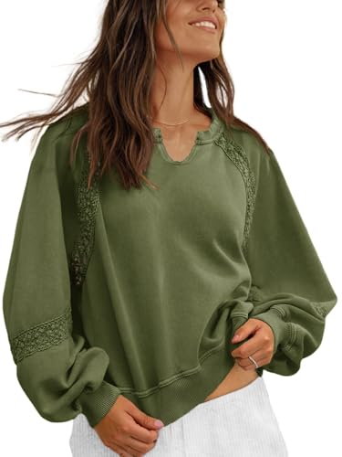 Fisoew Womens Oversized Sweatshirt Casual V Neck Lace Lantern Long