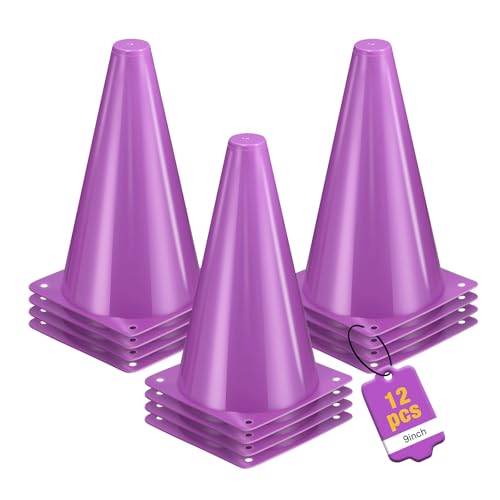 ZKNDRHJO 12pcs Cones 9 Inch Soccer Cones and Plastic Traffic Cones, Durable Cones for Sports Training, Ideal for Soccer, Basketball, Football, Skating, and Agility Drills Practice (12, Purple)