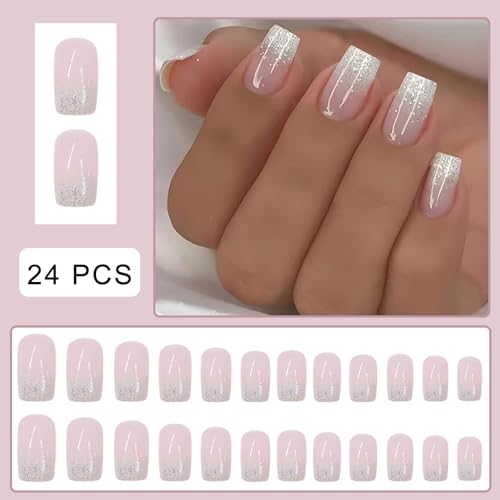 White Gradient Glitter Press on Nails - Sparkly Full Cover