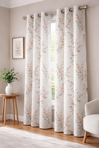 Image of THE LINEN COMPANY Cotton Sheer Printed Curtain for Window Bedroom and Living Roonm Home dcor Set of 2 (06 Feet,Coral Leaf)