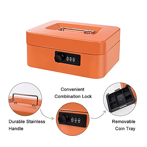 Cash Box With Money Tray And Combination Lock Metal Money Box Change Lock Box For Money 7.87" X 6.3" X 3.54" Orange #TOP3