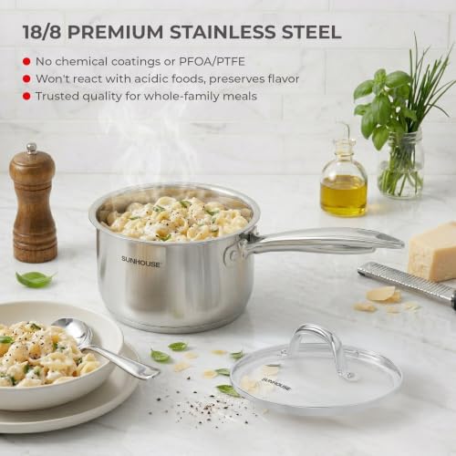 Image of Sunhouse: Stainless Steel Tri-Ply Saucepan - 2 Quart - Tempered Glass Lid, Whole Clad Premium 18 /8, Uncoated Pot, All Cooktops, Oven-Dishwasher Safe
