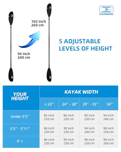 OCEANBROAD Adjustable Fishing Kayak Paddle - 94in/240cm-98in/250cm-102in/260cm Aluminum Alloy Shaft Paddles Kayaking Fishing Oar with Paddle Leash, Black - Thumbnail 3