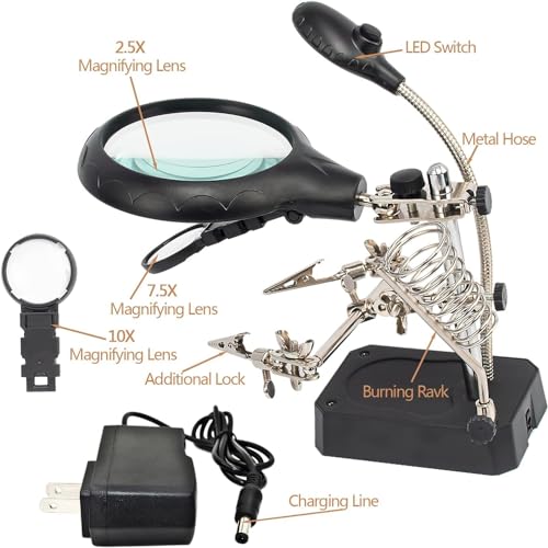 Image of LED Light Helping Hands Magnifier Soldering Station - 2X 4X USB Lighted Hands Free Magnifying Glass Stand with Clamp and Alligator Clips - for Soldering, Assembly, Repair (Black, M)