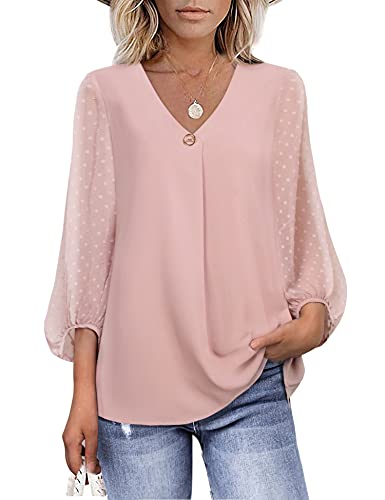 Bebonnie Tunics For Women Plus Size,Ladies Tops For Leggings 3/4 Lantern Sleeve Causal Loose V Neck Flowy Chiffon Cute Swing Peasant Top Pretty Office Tunic Shirts Blouses Dark Pink Xx-Large #TOP1