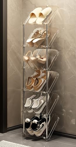 Étagère à chaussures étroite 6 niveaux en blanc transparent compact