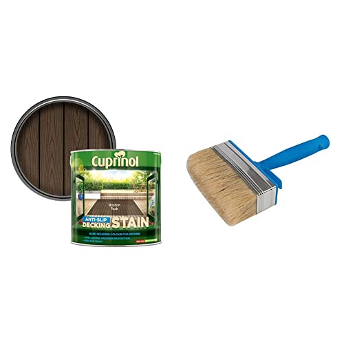 Cuprinol 5092617 2.5L anti slip Decking Stain Boston Teak & Silverline 394974 Block Brush, Blue, Silver, Beige, 115 mm / 4-1/2