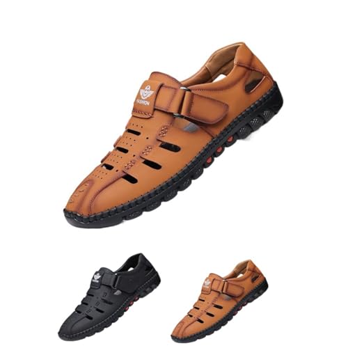 2025 Men's Stylish Causal Leather Hollow Sandals, Outdoor Closed Toe Beach Shoes, Comfort Anti-Slip Sport Sandals
