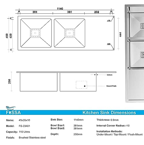 Image of Fossa 45 inchx20 inchx10 inch Inch Double Bowl With Drain Board Premium Stainless Steel Handmade Kitchen Sink (Matte Finish) Silver