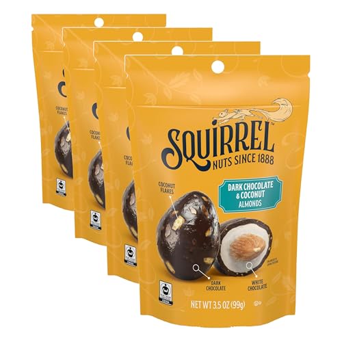 Image of Squirrel Brand Dark Chocolate & Coconut Almonds, 3.5 Ounces, Resealable Bag, Gluten Free, Kosher, Snacks for Adults and Kids, California Almonds, Fair Trade Certified Cocoa (Pack of 4)