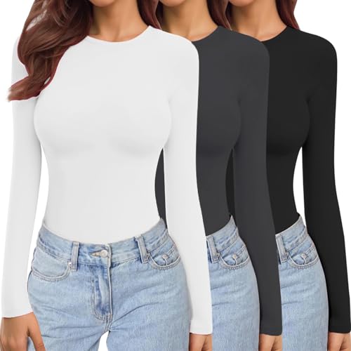 Lista de Camisetas de manga larga para Mujer , tabla con los diez mejores. 45 BIMOZY 3 Pack Camisetas Manga Larga para Mujer,Cuello Redondo,Tops Elásticas,Ajustadas,Básicas y Modernas,Camisetas Térmicas Ligeras