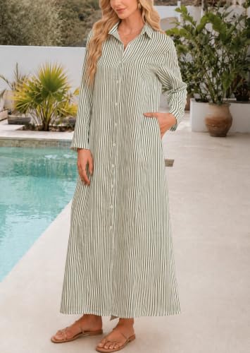 Image of Ladyful Women's Cotton Linen Maxi Dress Summer Long Sleeve Shirt Dress | Button down, Collared, Pockets, Solid color /Striped, Summer Caftans for women, Plus size, Cotton maxi dress for Party, Beach
