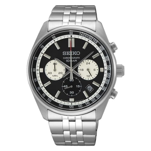 SEIKO SSB429 – Pulseira masculina de aço inoxidável com mostrador preto, 100 metros, resistente à água