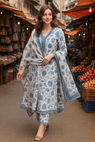 Image of Yashika Women's Cotton Blend Printed Kurta with Pant & Dupatta| Kurta with Pants and Dupatta Set