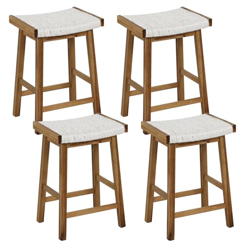Conjunto de 4 butacos de taburete con asiento tejido de algas marinas, altura de barra de 25,5 pulgadas, estructura de madera de caucho y acacia, reposapiés, para isla de cocina y comedor, color natural miniatura 1