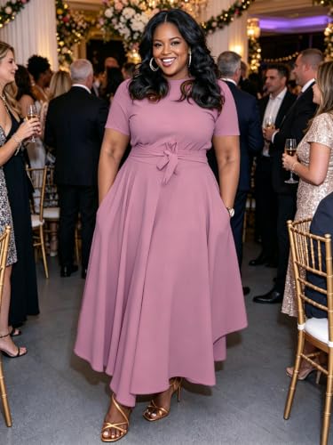 Image of Hostoyo Women Plus Size Formal A Line Maxi Dress Self Tie Waist with Pockets Elegant Round Neck Swing Long Dresses