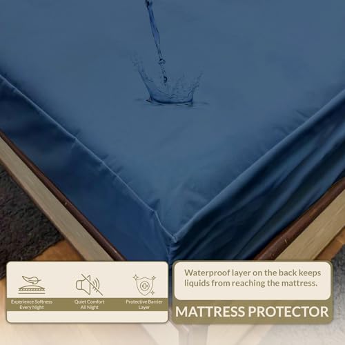 Image of 100% Waterproof Mattress Protector Queen Size Bed 60x75 Inch, Non Woven Fabric Fitted Mattress Cover with Elastic, Waterproof Bed Protector, Hypoallergenic, 10 Inch Deep Pocket - Navy Blue
