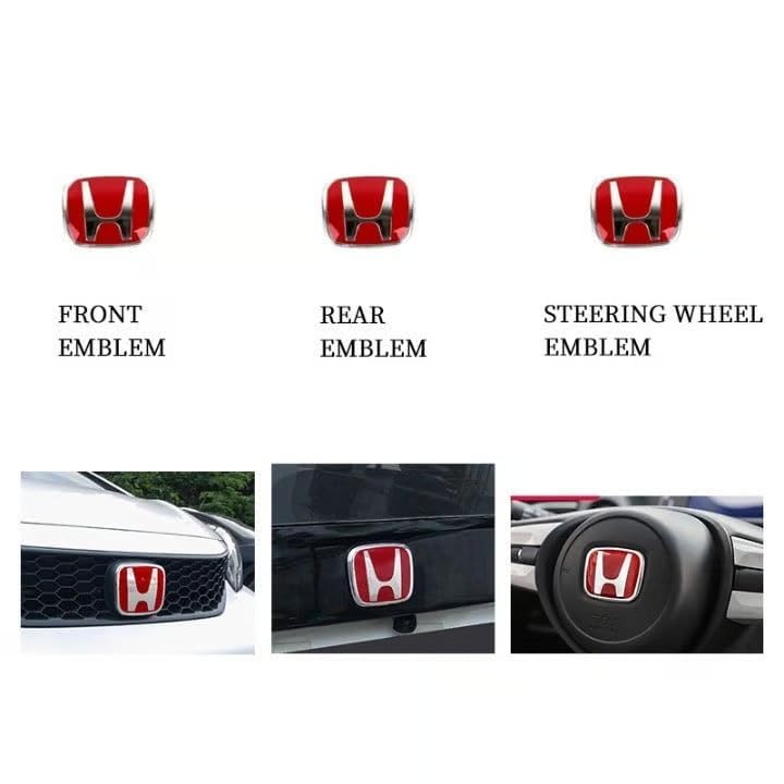 Image of RoadReligion JDM Red H Mugen Logo Emblem Set - Front Grill, Rear Trunk & Steering Wheel Badge (Pack of 3) | Type R Style OEM Replacement Logos